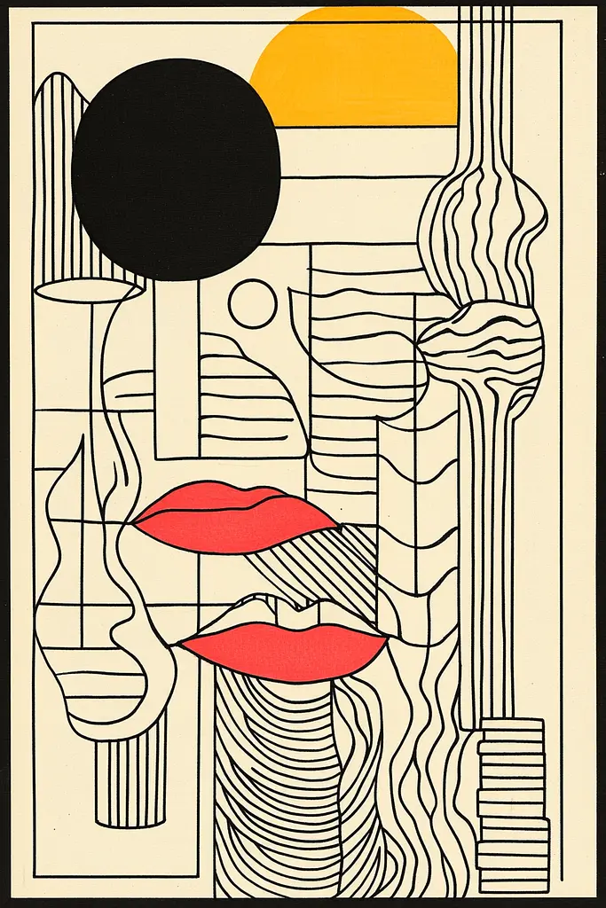 Midjourney generated image using SREF code Prismatic Pulse: A black and white drawing of a woman's face with red lips.