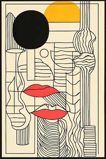 Midjourney generated image using SREF code Prismatic Pulse: A black and white drawing of a woman's face with red lips.