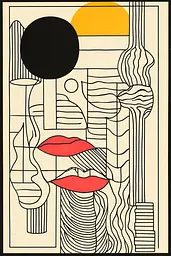 Midjourney generated image using SREF code Prismatic Pulse: A black and white drawing of a woman's face with red lips.