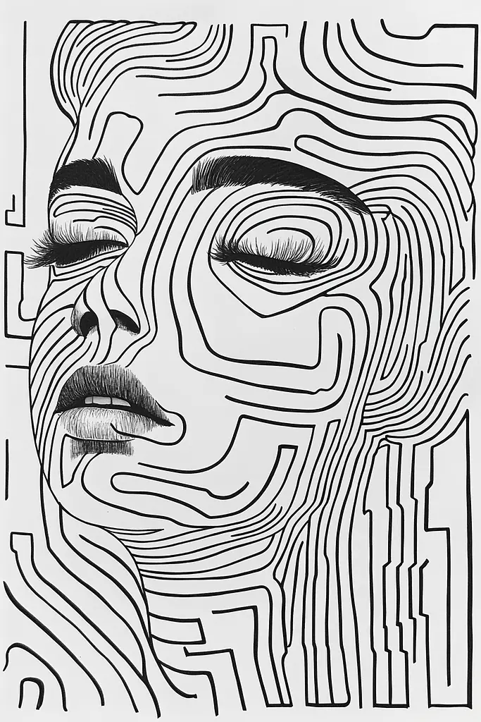 Midjourney generated image using SREF code Prismatic Pulse: A black and white drawing of a woman's face.