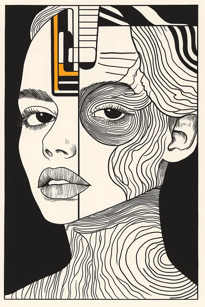 Midjourney generated image using SREF code Prismatic Pulse: A black and white drawing of a woman's face.