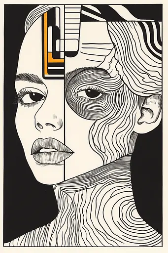 Midjourney generated image using SREF code Prismatic Pulse: A black and white drawing of a woman's face.