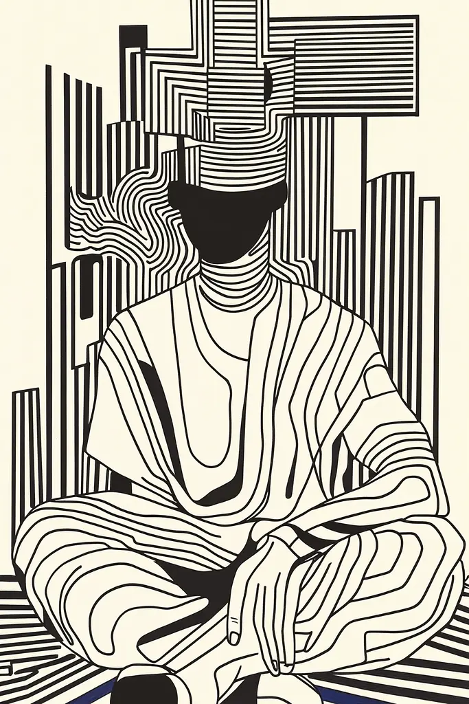 Midjourney generated image using SREF code Prismatic Pulse: A black and white drawing of a person sitting in a lotus position.