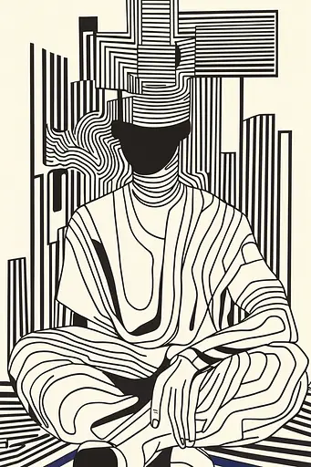 Midjourney generated image using SREF code Prismatic Pulse: A black and white drawing of a person sitting in a lotus position.