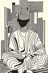 Midjourney generated image using SREF code Prismatic Pulse: A black and white drawing of a person sitting in a lotus position.