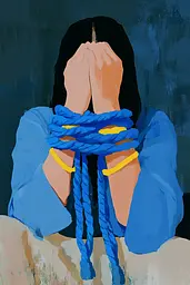 Midjourney generated image using SREF code Color Drift: A painting of a woman tied up with a blue rope.