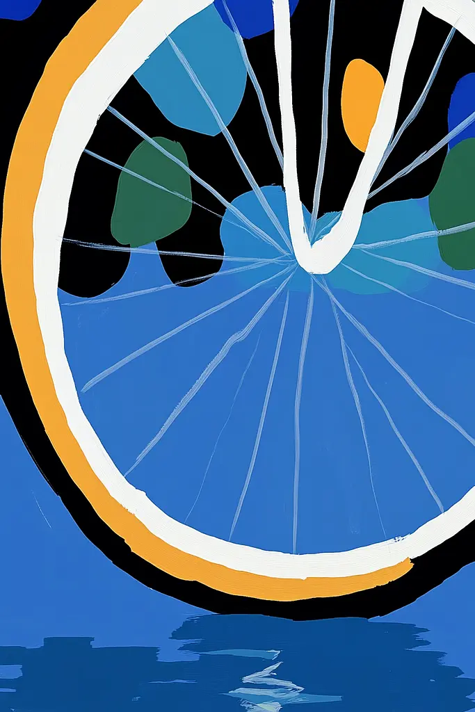 Midjourney generated image using SREF code Color Drift: A painting of a bicycle wheel on a blue background.