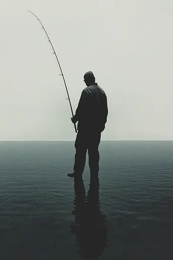 Midjourney generated image using SREF code Eclipse Visions: A man standing in the water with a fishing rod.