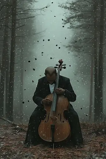 Midjourney generated image using SREF code Veil of Illusions: A man playing a cello in the woods in the snow.