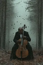 Midjourney generated image using SREF code Veil of Illusions: A man playing a cello in the woods in the snow.