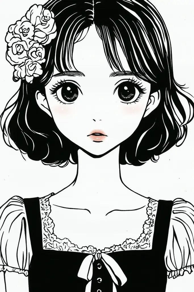 Midjourney generated image using SREF code Skullquill: A black and white drawing of a girl with a flower in her hair.