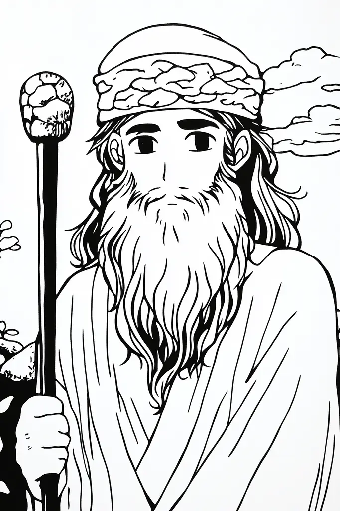 Midjourney generated image using SREF code Skullquill: A black and white illustration of a man with a long beard holding a staff.