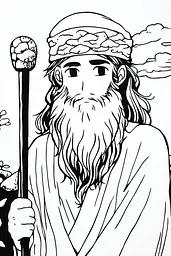 Midjourney generated image using SREF code Skullquill: A black and white illustration of a man with a long beard holding a staff.