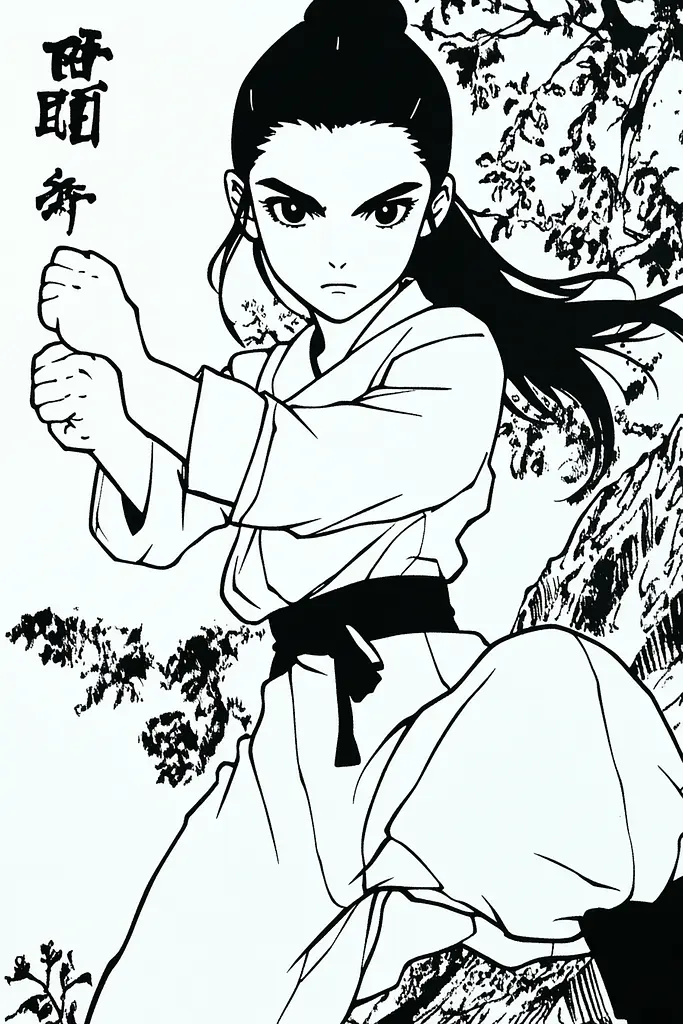 Midjourney generated image using SREF code Skullquill: A black and white drawing of a woman in a kimono.