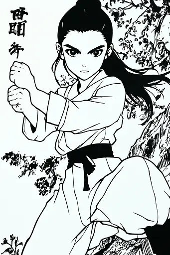 Midjourney generated image using SREF code Skullquill: A black and white drawing of a woman in a kimono.