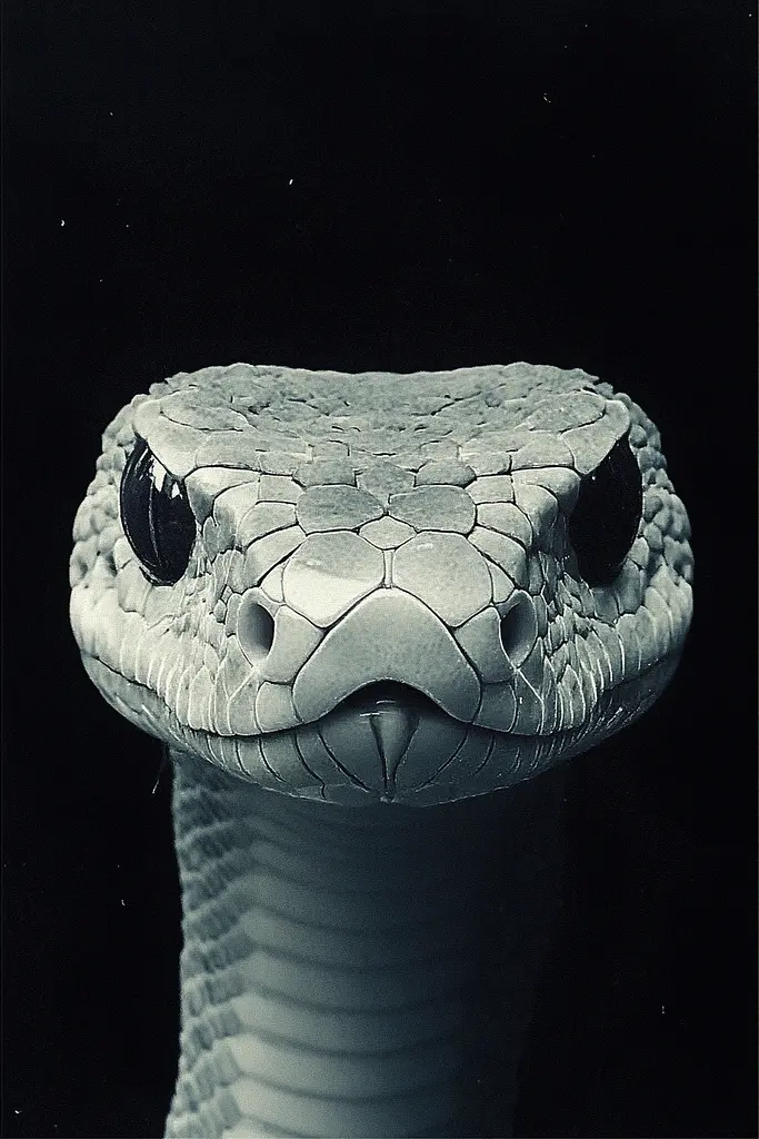 Midjourney generated image using SREF code Eclipse Visions: A black and white photo of a snake's head.