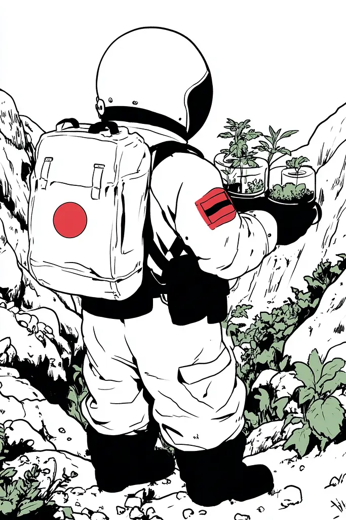 Midjourney generated image using SREF code Skullquill: A man in a space suit holding a plant in his hand.