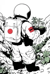 Midjourney generated image using SREF code Skullquill: A man in a space suit holding a plant in his hand.