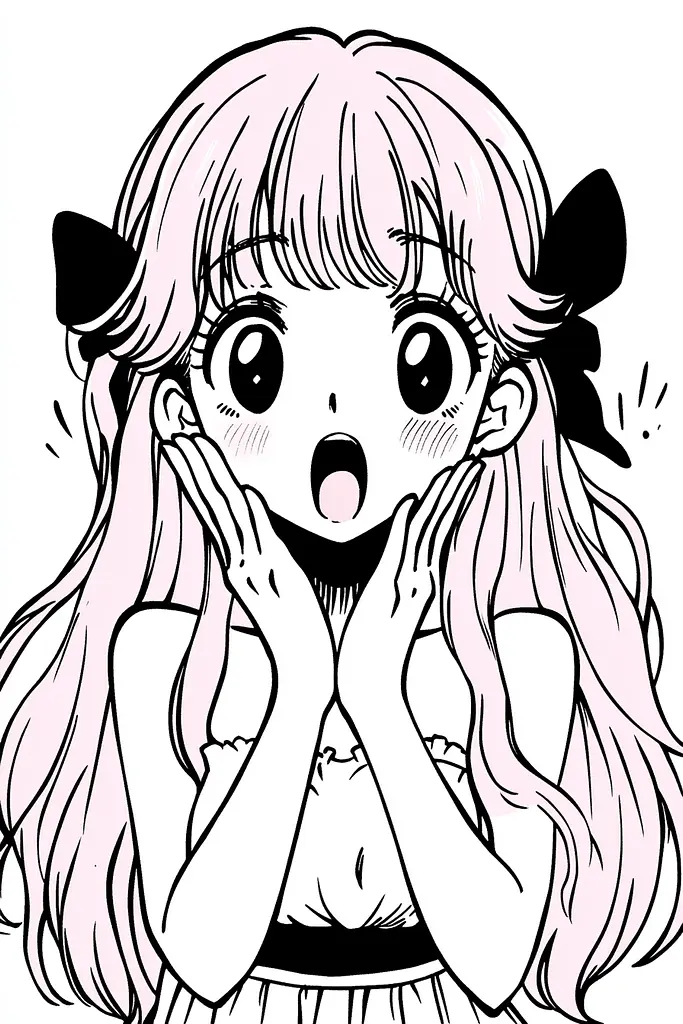 Midjourney generated image using SREF code Skullquill: A girl with long pink hair covering her face with her hands.