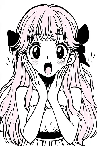 Midjourney generated image using SREF code Skullquill: A girl with long pink hair covering her face with her hands.