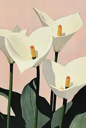 Midjourney generated image using SREF code Revered Flare: A painting of three white calla lilies on a pink background.