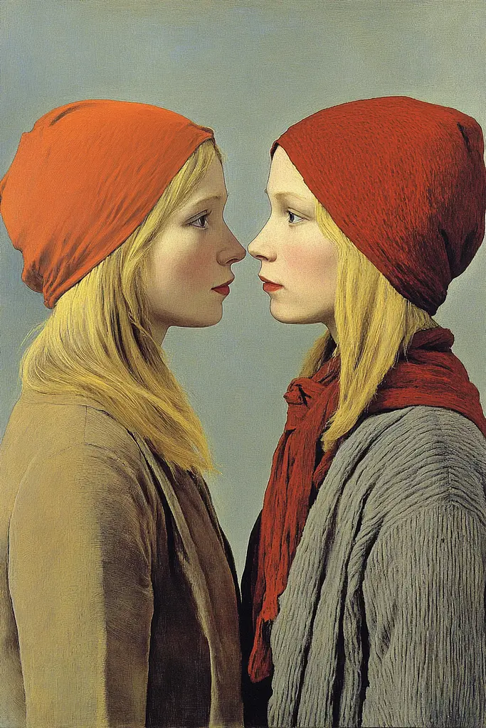 Midjourney generated image using SREF code Revered Flare: A painting of two young girls wearing red hats.