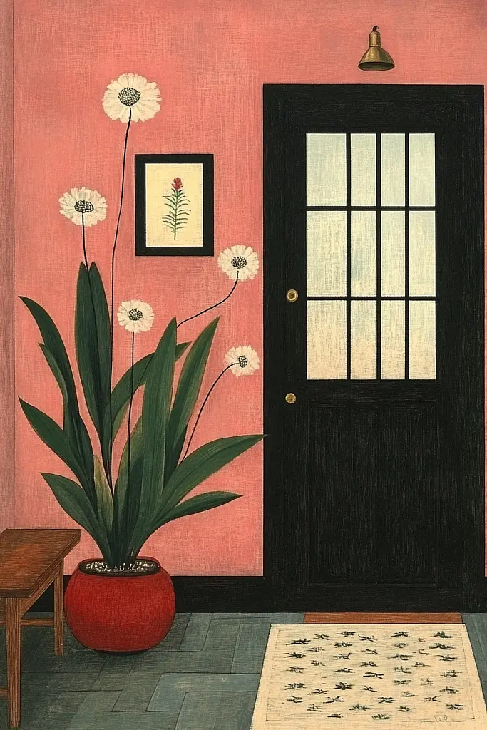 Midjourney generated image using SREF code Dreamscape Botanica: A painting of a room with a black door and a potted plant.