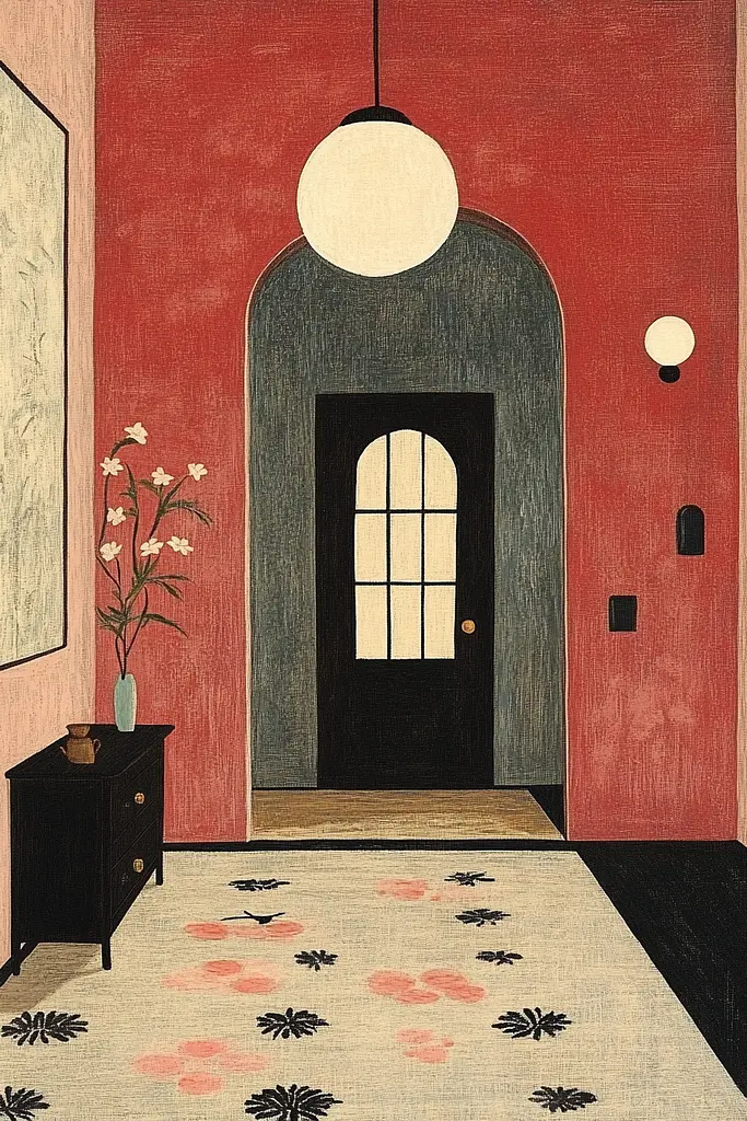 Midjourney generated image using SREF code Dreamscape Botanica: A painting of a hallway with a black door and red walls.