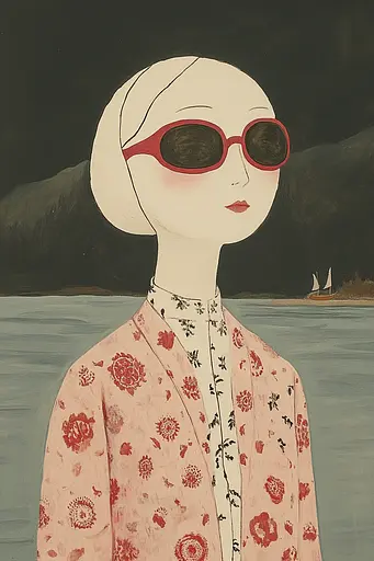 Midjourney generated image using SREF code Dreamscape Botanica: A painting of a woman wearing red sunglasses by the water.