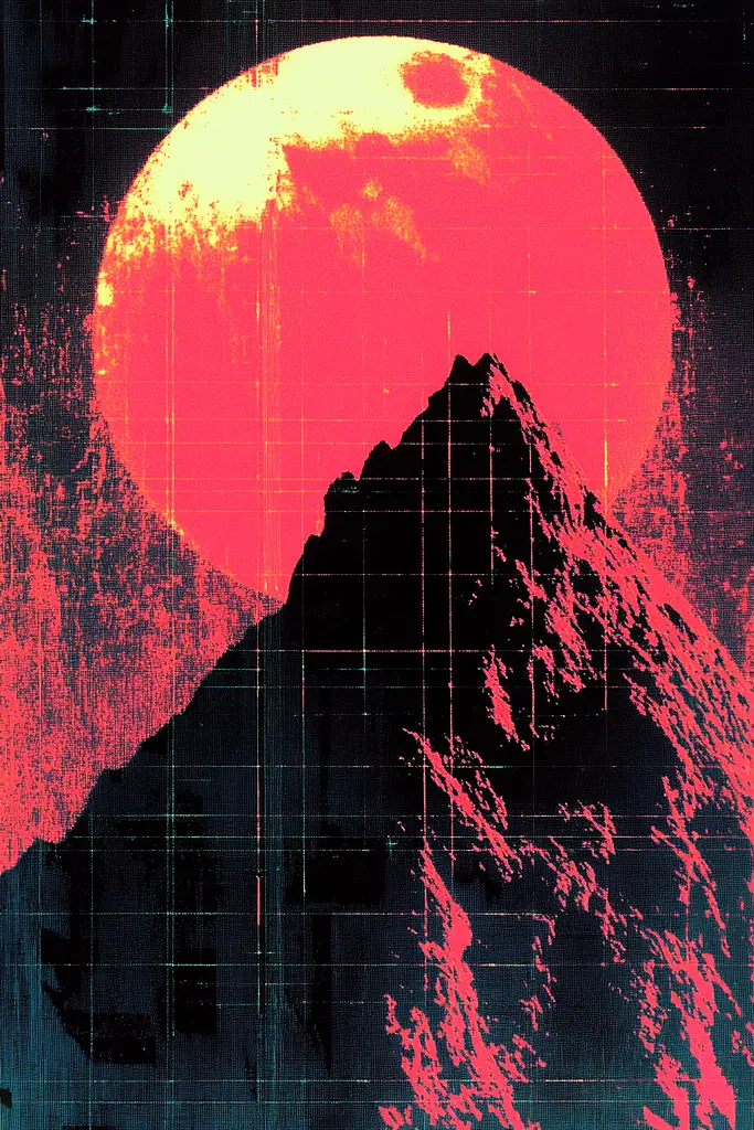 Midjourney generated image using SREF code Glitching Allure: A red and black poster with a mountain in the background.