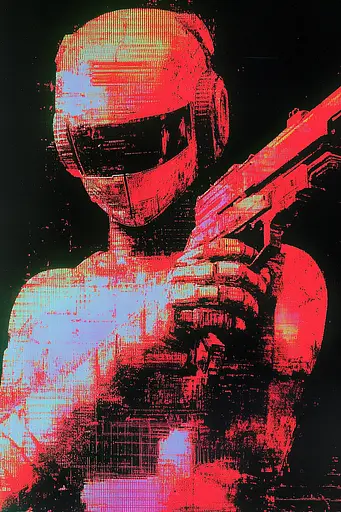 Midjourney generated image using SREF code Glitching Allure: A man in a helmet holding a gun.