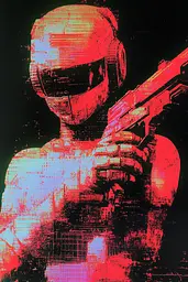 Midjourney generated image using SREF code Glitching Allure: A man in a helmet holding a gun.