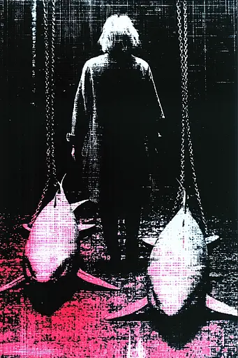 Midjourney generated image using SREF code Glitching Allure: A person standing in front of two fish hanging from chains.