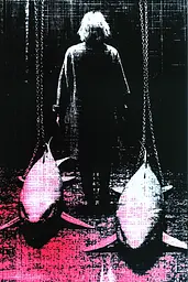 Midjourney generated image using SREF code Glitching Allure: A person standing in front of two fish hanging from chains.