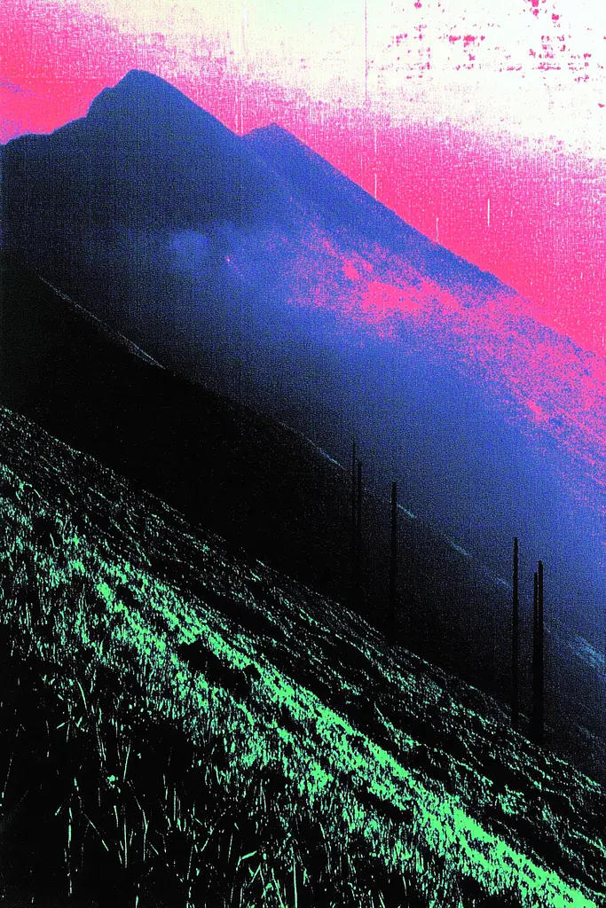 Midjourney generated image using SREF code Glitching Allure: A picture of a mountain with a pink and blue sky.