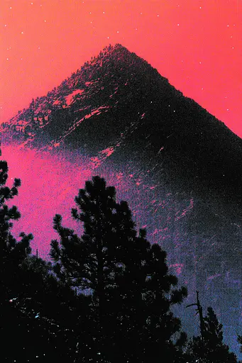 Midjourney generated image using SREF code Glitching Allure: A mountain with trees in front of a pink sky.