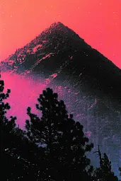 Midjourney generated image using SREF code Glitching Allure: A mountain with trees in front of a pink sky.