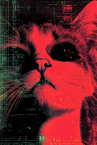 Midjourney generated image using SREF code Glitching Allure: A red and black cat with a black background.