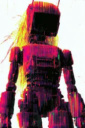 Midjourney generated image using SREF code Glitching Allure: A robot with long hair standing in front of a white background.