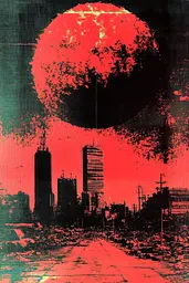 Midjourney generated image using SREF code Glitching Allure: A red and black image of a city with a large mushroom cloud.