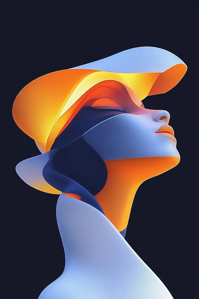 Midjourney generated image using SREF code Luminous Embrace: A woman wearing a blue and orange hat.