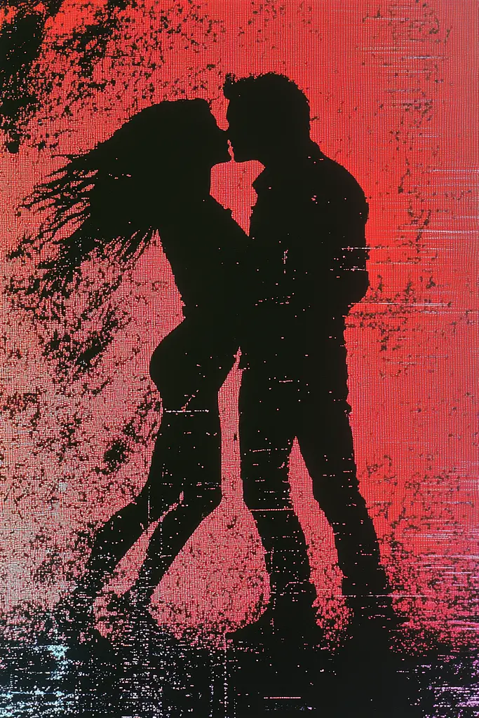 Midjourney generated image using SREF code Glitching Allure: A silhouette of a man and a woman kissing in front of a red background.