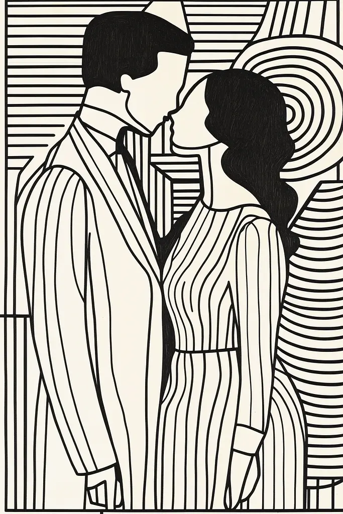 Midjourney generated image using SREF code Prismatic Pulse: A black and white drawing of a man and woman kissing.