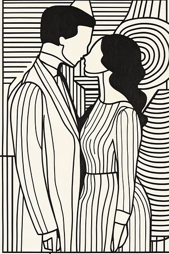 Midjourney generated image using SREF code Prismatic Pulse: A black and white drawing of a man and woman kissing.