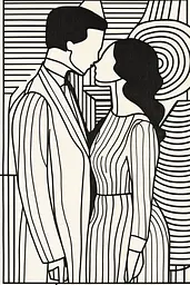 Midjourney generated image using SREF code Prismatic Pulse: A black and white drawing of a man and woman kissing.