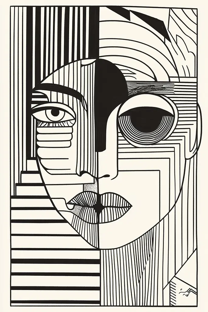 Midjourney generated image using SREF code Prismatic Pulse: A black and white drawing of a woman's face.