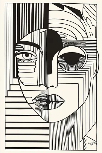 Midjourney generated image using SREF code Prismatic Pulse: A black and white drawing of a woman's face.