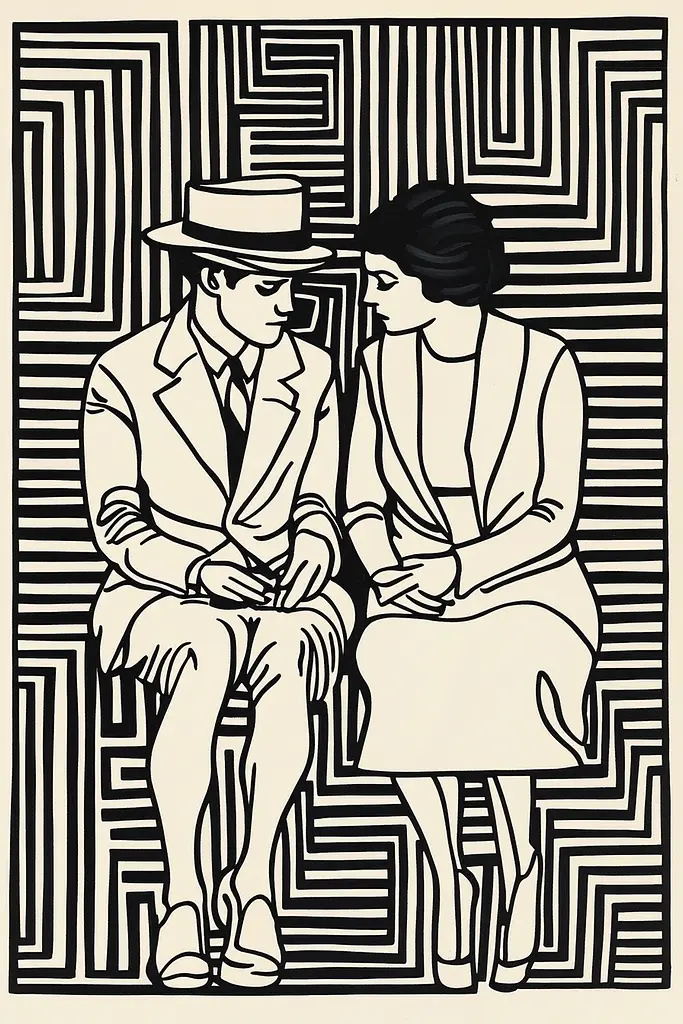 Midjourney generated image using SREF code Prismatic Pulse: A black and white drawing of a man and woman sitting on a bench.