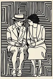 Midjourney generated image using SREF code Prismatic Pulse: A black and white drawing of a man and woman sitting on a bench.