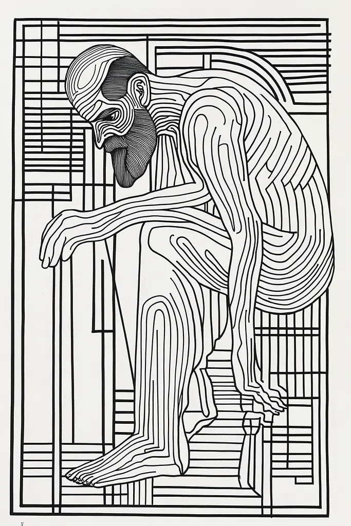 Midjourney generated image using SREF code Prismatic Pulse: A black and white drawing of a man sitting on a chair.